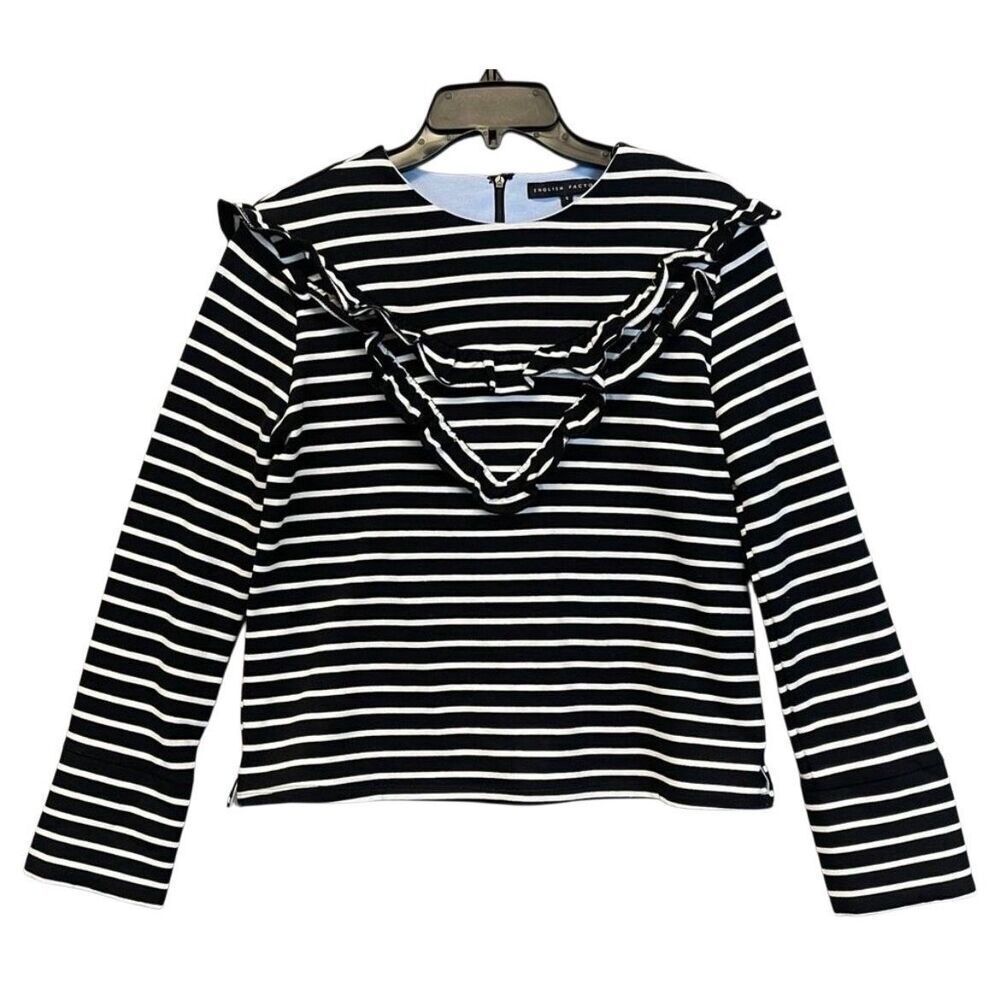 ENGLISH FACTORY Top Women's Small Black White Striped Ruffled‎ Trim Long Sleeve